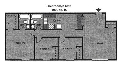 Floor plan for 3 beds, 2 baths, 1000 sqft